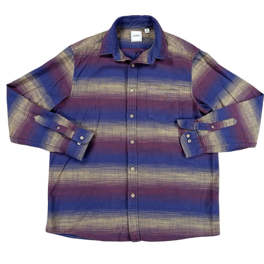 ROWM Men's‎ Medium Long Sleeve Button Shirt Stiped Southwestern Blue Maroon Gold